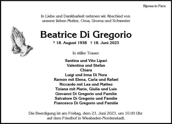 Traueranzeige von Beatrice Di Gregorio von Wiesbadener Kurier