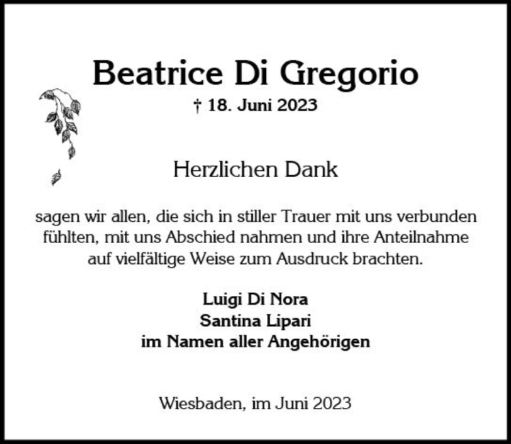  Traueranzeige für Beatrice Di Gregorio vom 01.07.2023 aus Wiesbadener Kurier