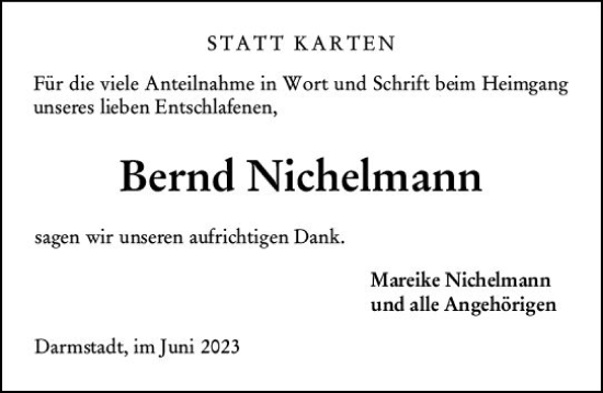 Traueranzeige von Bernd Nichelmann von Darmstädter Echo