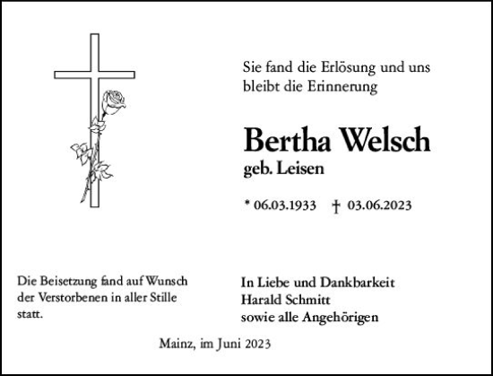 Traueranzeige von Bertha Welsch von Allgemeine Zeitung Mainz