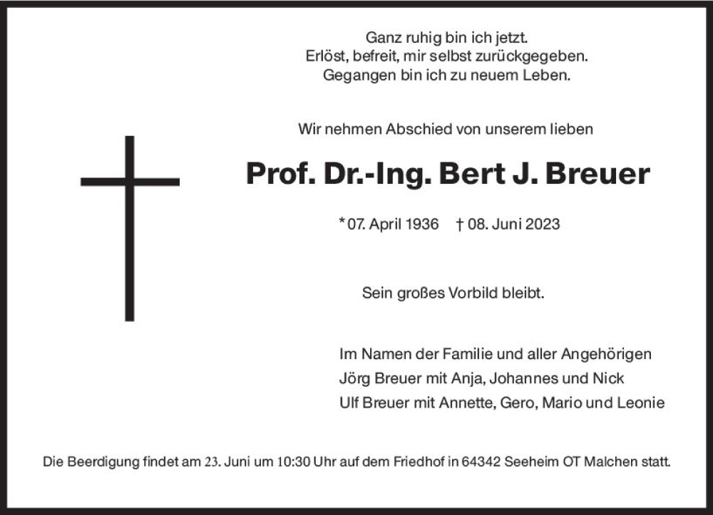  Traueranzeige für Bert J. Breuer vom 17.06.2023 aus Darmstädter Echo