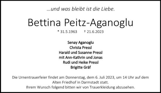 Traueranzeige von Bettina Peitz-Aganoglu von Darmstädter Echo