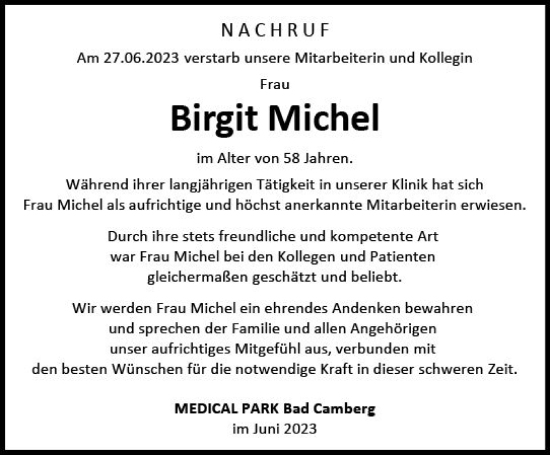 Traueranzeige von Birgit Michel von Nassauische Neue Presse