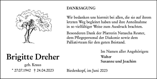 Traueranzeige von Brigitte Dreher von Hinterländer Anzeiger