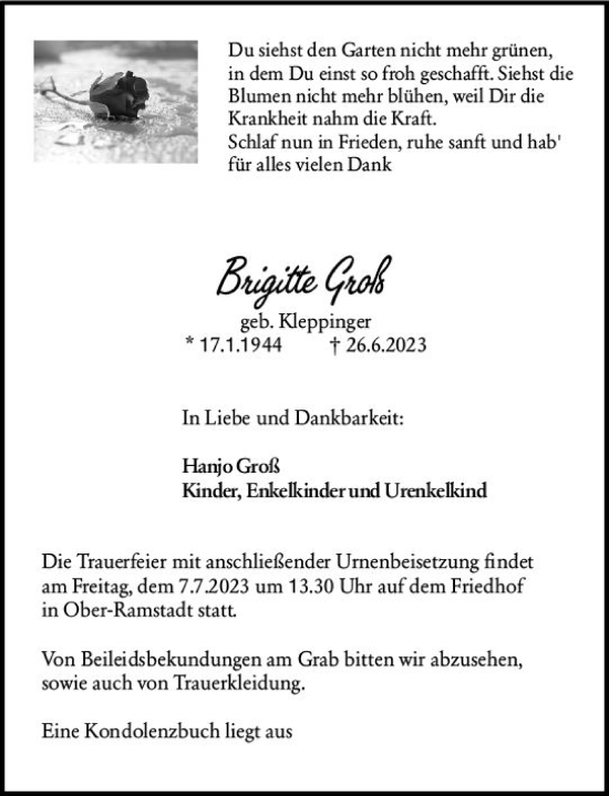 Traueranzeige von Brigitte Groß von Darmstädter Echo