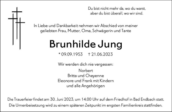 Traueranzeige von Brunhilde Jung von Hinterländer Anzeiger