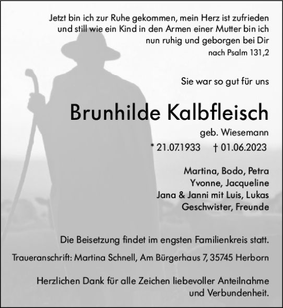 Traueranzeige von Brunhilde Kalbfleisch von Dill Block