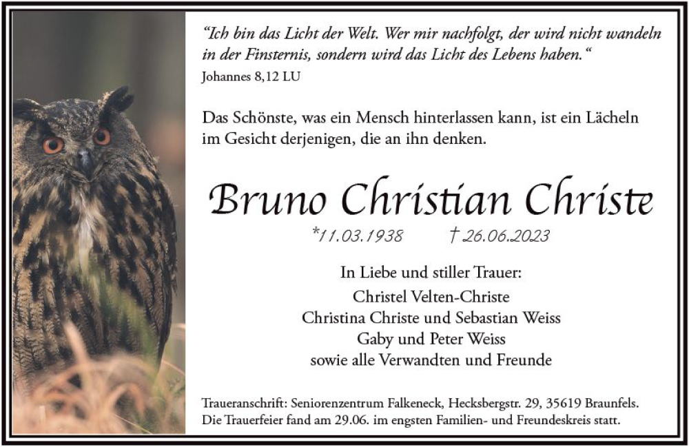  Traueranzeige für Bruno Christian Christe vom 01.07.2023 aus Wetzlarer Neue Zeitung