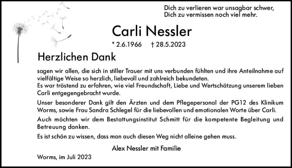  Traueranzeige für Carli Nessler vom 01.07.2023 aus Wormser Zeitung