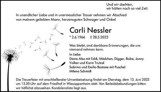 Traueranzeige von Carli Nessler von Wormser Zeitung