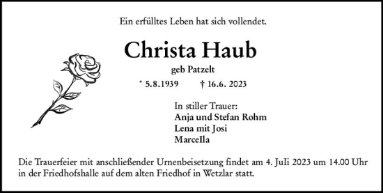 Traueranzeige von Christa Haub von Wetzlarer Neue Zeitung