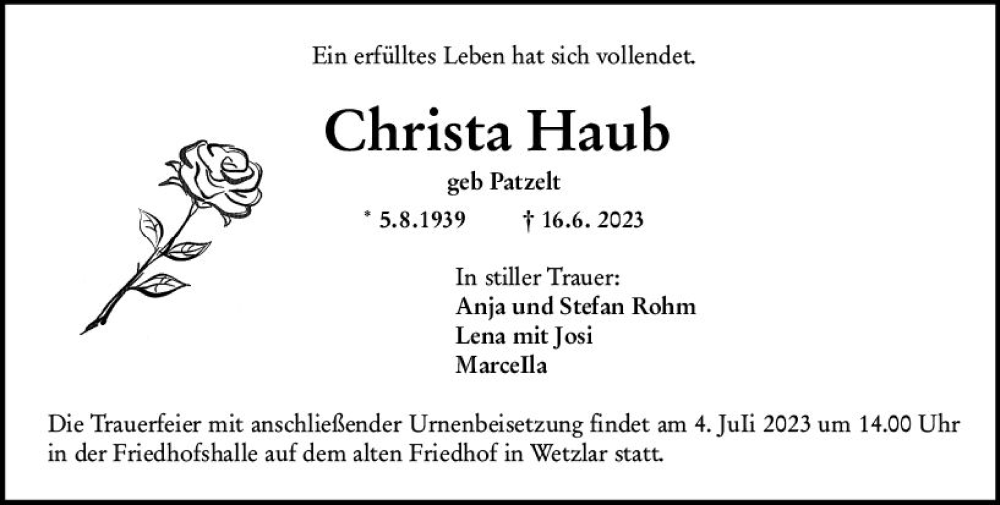  Traueranzeige für Christa Haub vom 29.06.2023 aus Wetzlarer Neue Zeitung