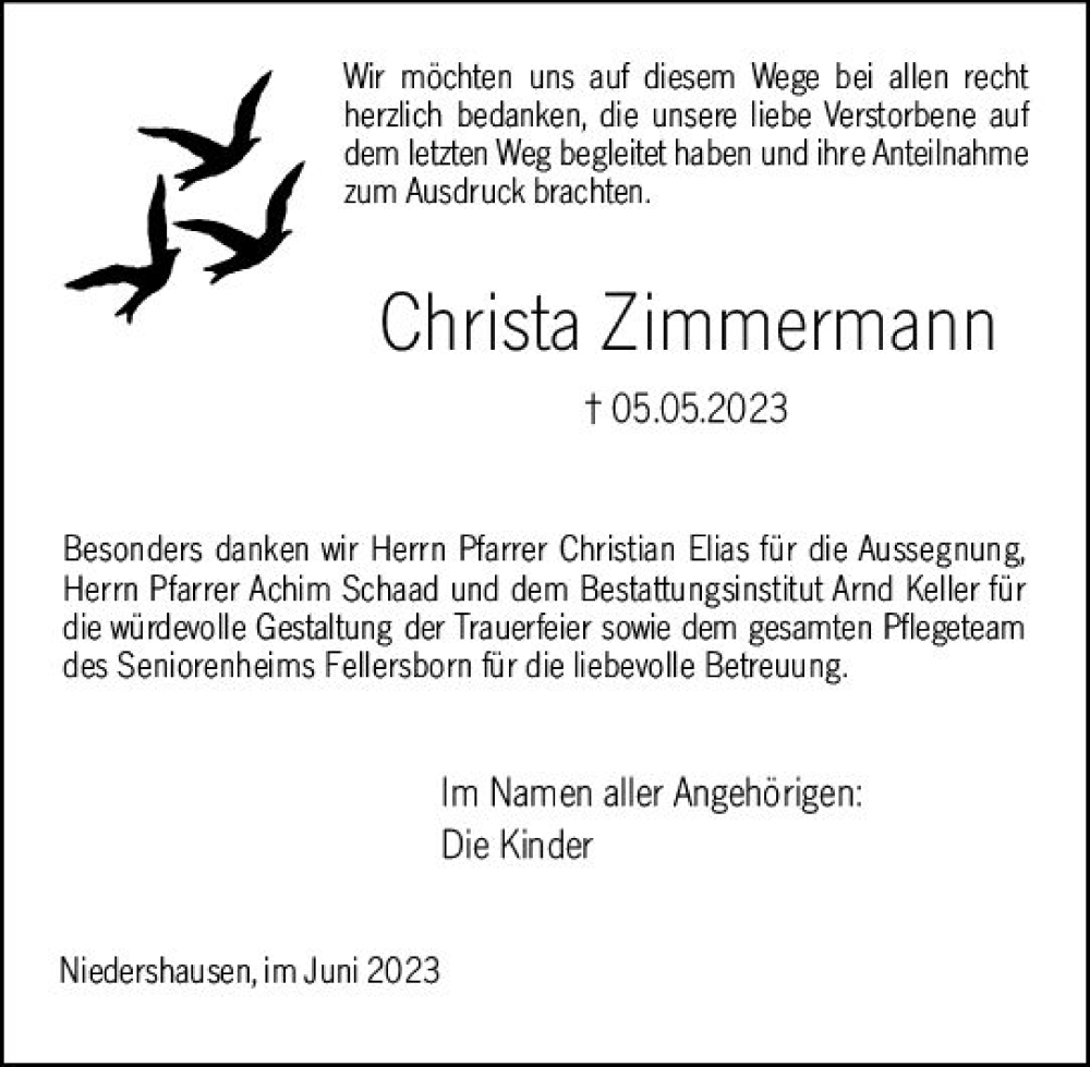  Traueranzeige für Christa Zimmermann vom 23.06.2023 aus Weilburger Tageblatt