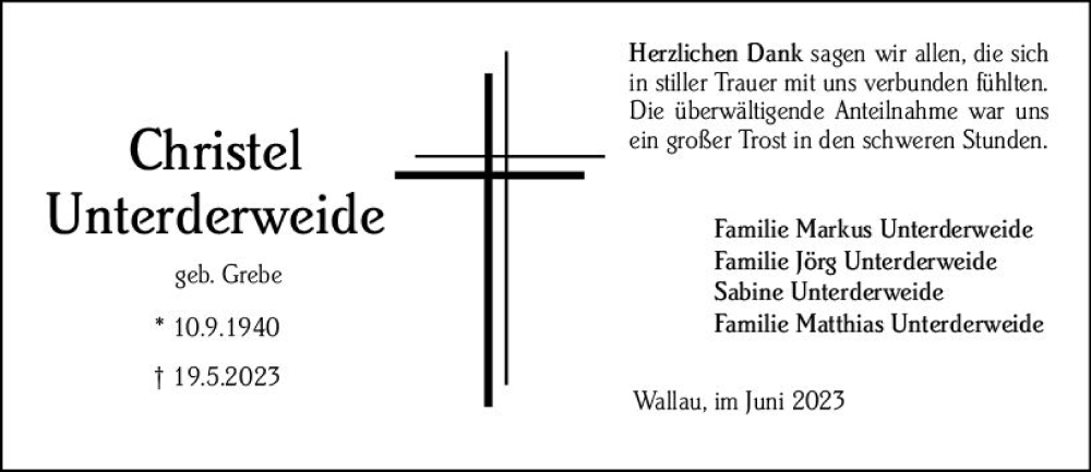  Traueranzeige für Christel Unterderweide vom 30.06.2023 aus Hinterländer Anzeiger