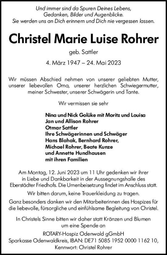 Traueranzeige von Christel Marie Luise Rohrer von Darmstädter Echo