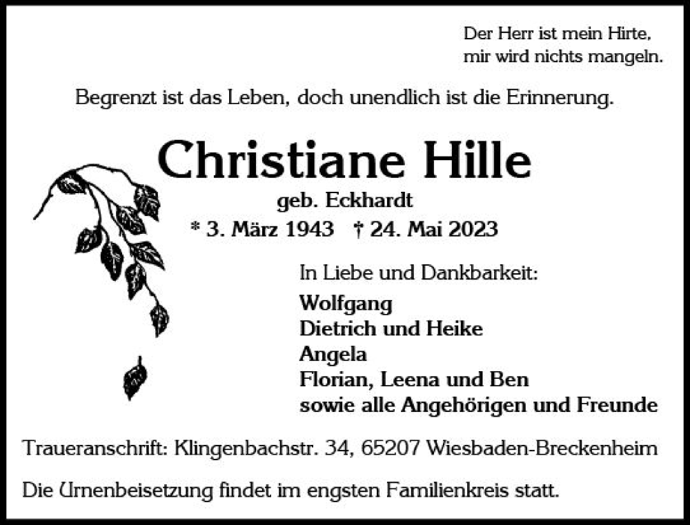  Traueranzeige für Christiane Hille vom 03.06.2023 aus Wiesbadener Kurier