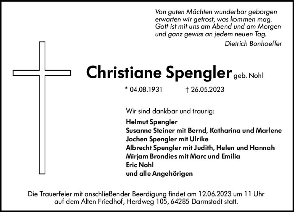  Traueranzeige für Christiane Spengler vom 07.06.2023 aus Darmstädter Echo