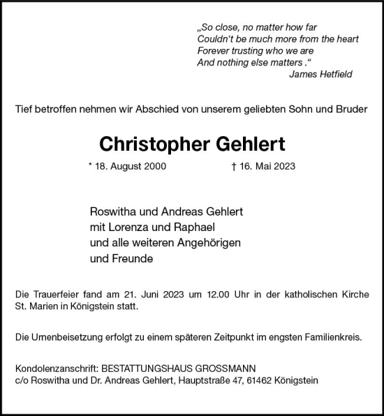 Traueranzeige von Christopher Gehlert von Camberger Anzeiger