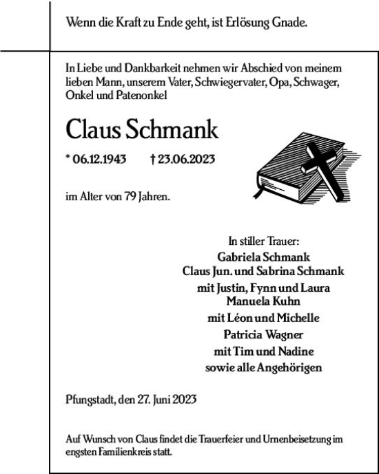 Traueranzeige von Claus Schmank von Darmstädter Echo