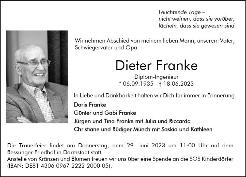  Traueranzeige für Dieter Franke vom 24.06.2023 aus Darmstädter Echo