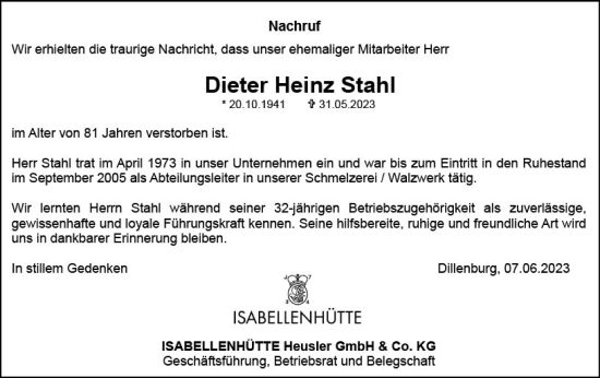 Traueranzeige von Dieter Heinz Stahl von Dill Block