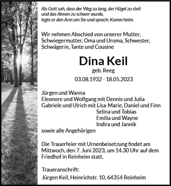 Traueranzeige von Dina Keil von Darmstädter Echo