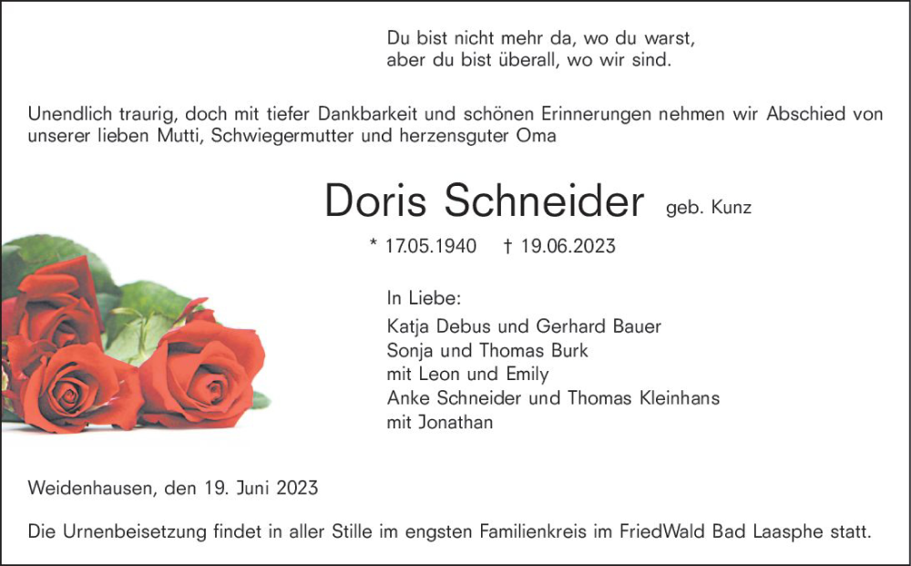  Traueranzeige für Doris Schneider vom 21.06.2023 aus Hinterländer Anzeiger