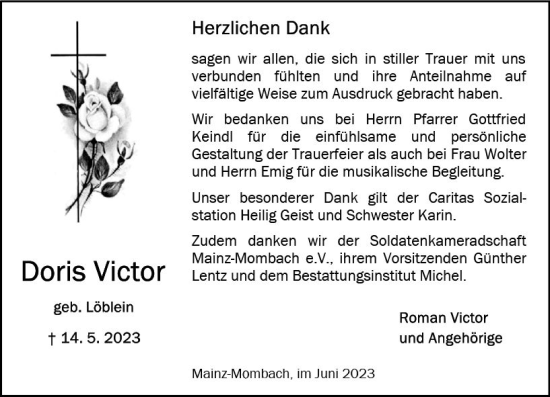 Traueranzeige von Doris Victor von Allgemeine Zeitung Mainz