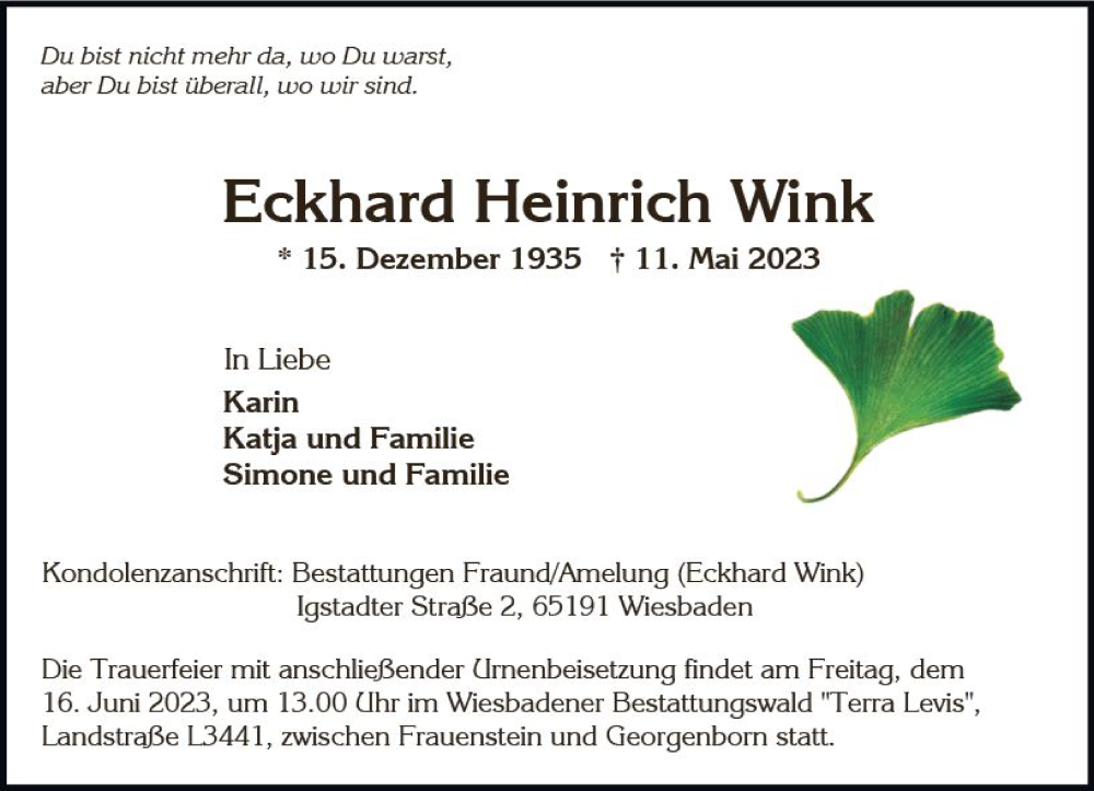  Traueranzeige für Eckhard Heinrich Wink vom 10.06.2023 aus Wiesbadener Kurier