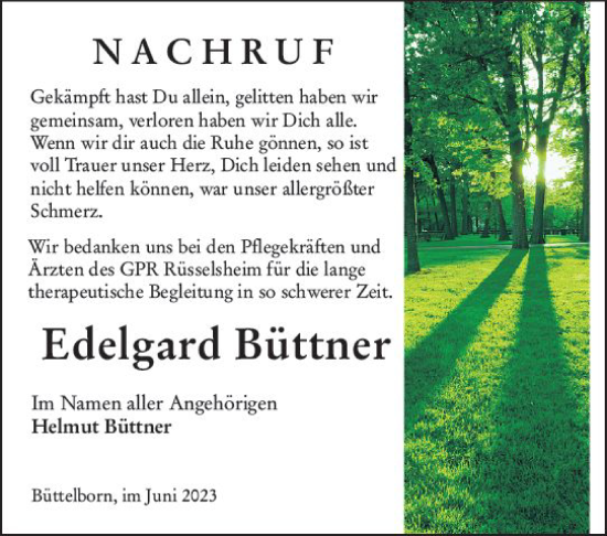 Traueranzeige von Edelgard Büttner von Groß-Gerauer Echo