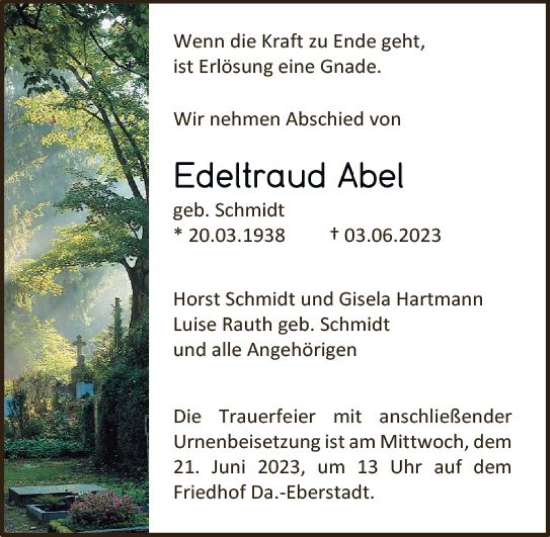 Traueranzeige von Edeltraud Abel von Darmstädter Echo
