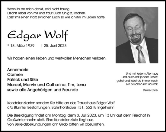 Traueranzeige von Edgar Wolf von Allgemeine Zeitung Bingen/Ingelheim