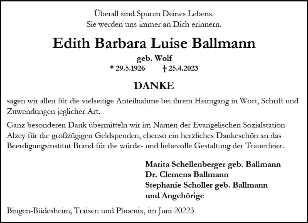  Traueranzeige für Edith Barbara Luise Ballmann vom 17.06.2023 aus Allgemeine Zeitung Alzey