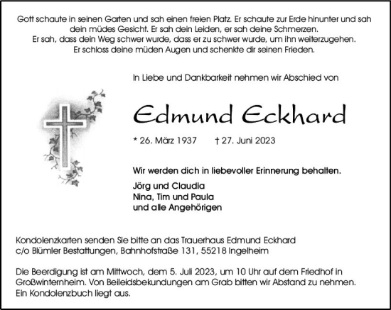 Traueranzeige von Edmund Eckhard von Allgemeine Zeitung Bingen/Ingelheim
