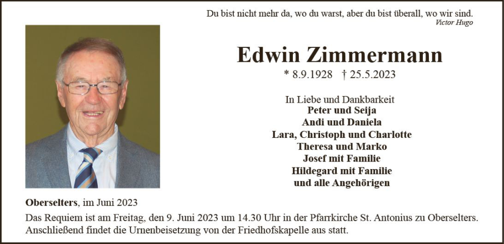  Traueranzeige für Edwin Zimmermann vom 09.06.2023 aus Camberger Anzeiger