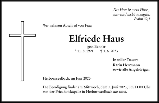 Traueranzeige von Elfriede Haus von Dill Block