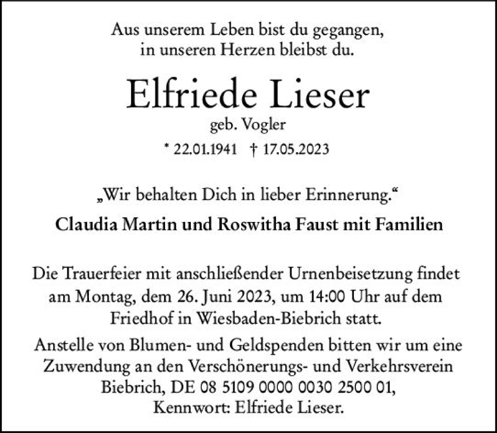  Traueranzeige für Elfriede Lieser vom 10.06.2023 aus Wiesbadener Kurier