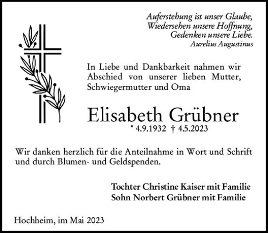 Traueranzeige von Elisabeth Grübner von Hochheimer Zeitung
