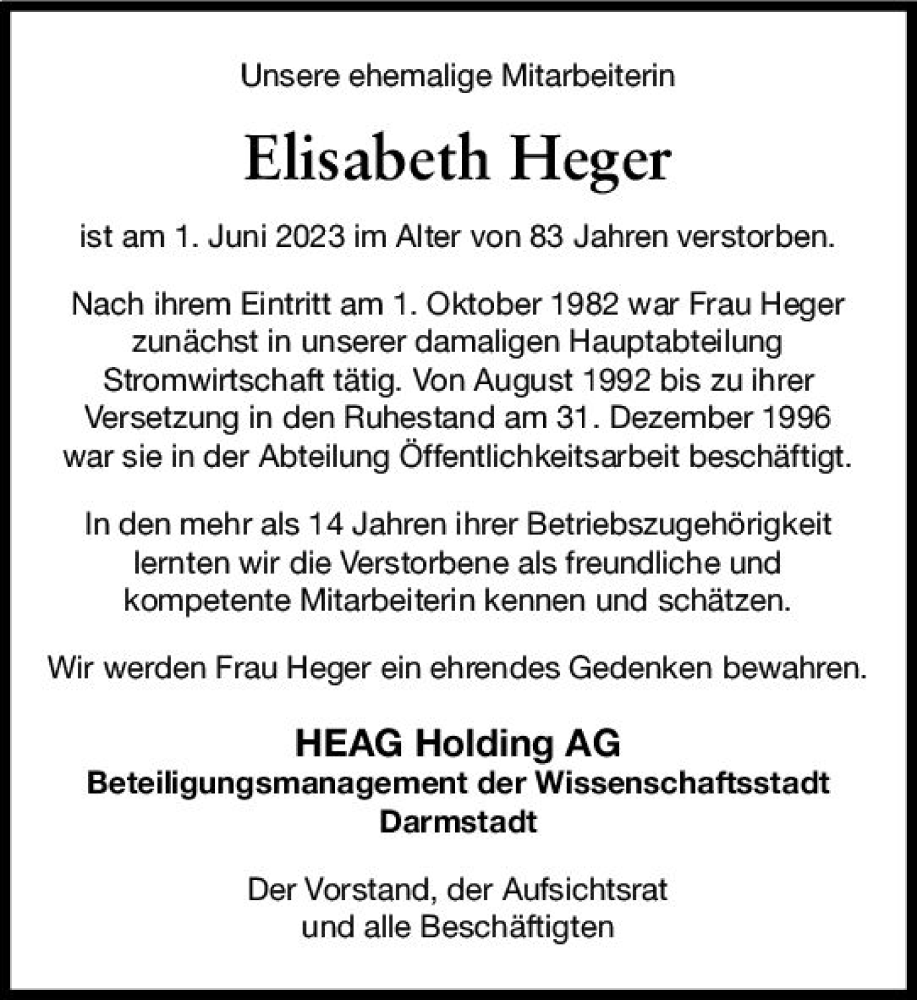  Traueranzeige für Elisabeth Heger vom 28.06.2023 aus Darmstädter Echo