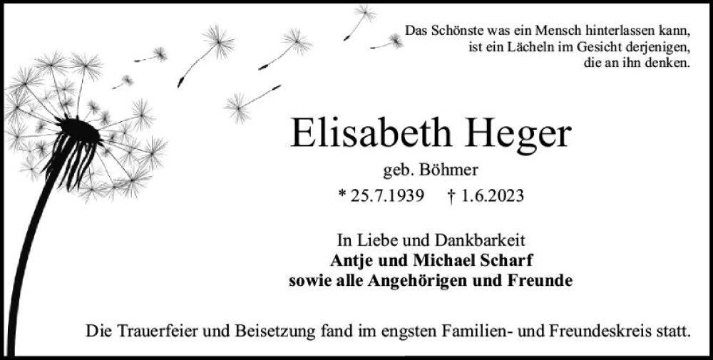  Traueranzeige für Elisabeth Heger vom 24.06.2023 aus Darmstädter Echo