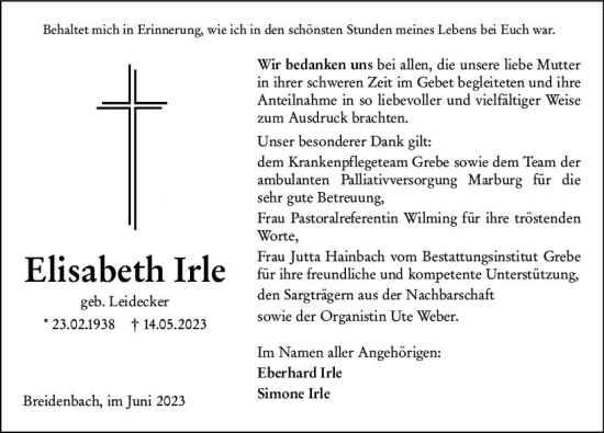 Traueranzeige von Elisabeth Irle von Hinterländer Anzeiger