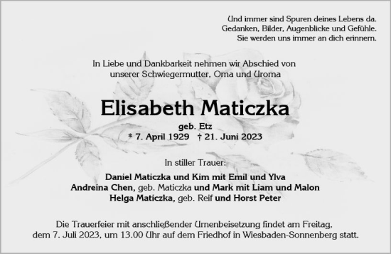 Traueranzeige von Elisabeth Maticzke von Wiesbadener Kurier