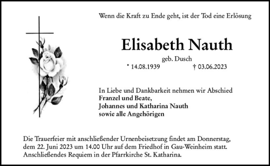 Traueranzeige von Elisabeth Nauth von Allgemeine Zeitung Alzey