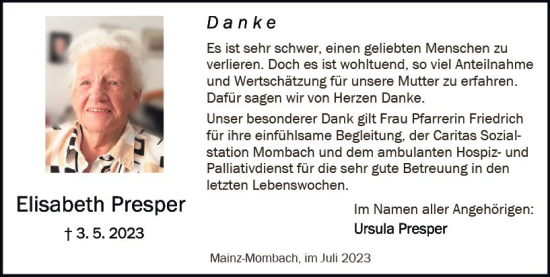 Traueranzeige von Elisabeth Presper von Allgemeine Zeitung Mainz