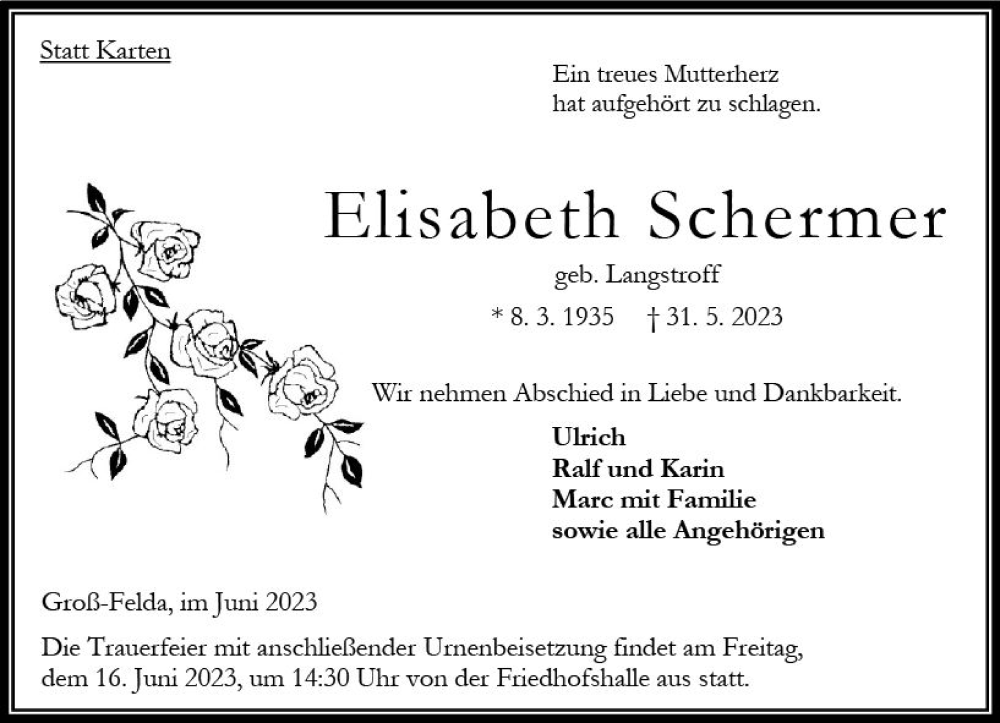  Traueranzeige für Elisabeth Schermer vom 09.06.2023 aus VRM Trauer