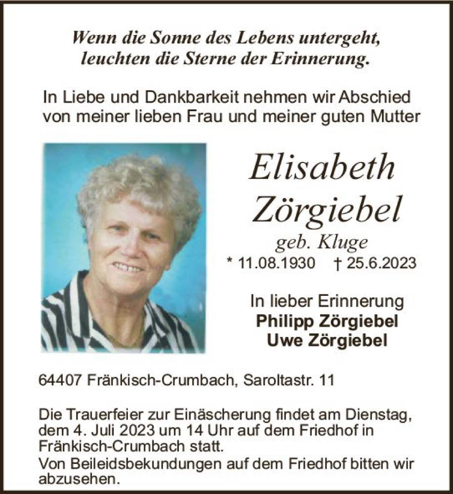  Traueranzeige für Elisabeth Zörgiebel vom 01.07.2023 aus Odenwälder Echo