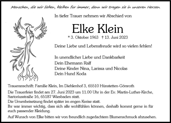 Traueranzeige von Elke Klein von Wiesbadener Kurier