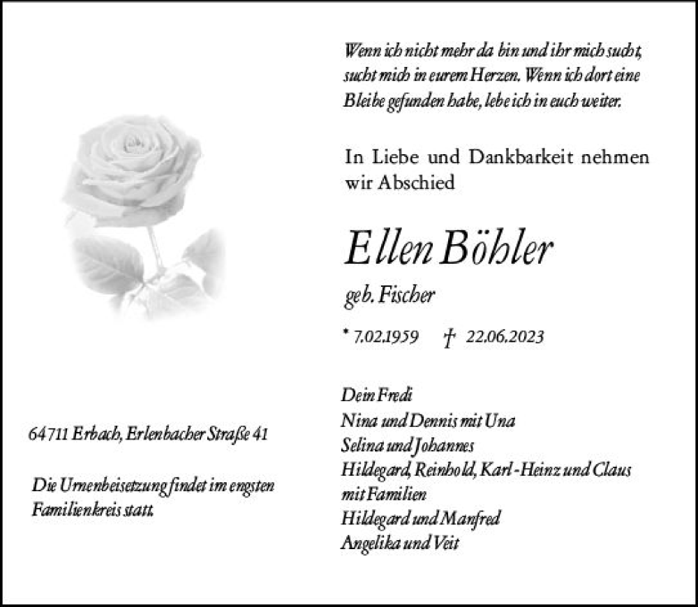  Traueranzeige für Ellen Böhler vom 01.07.2023 aus Odenwälder Echo