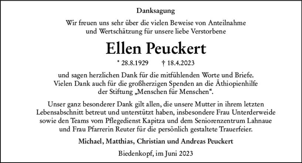  Traueranzeige für Ellen Peuckert vom 12.06.2023 aus Hinterländer Anzeiger