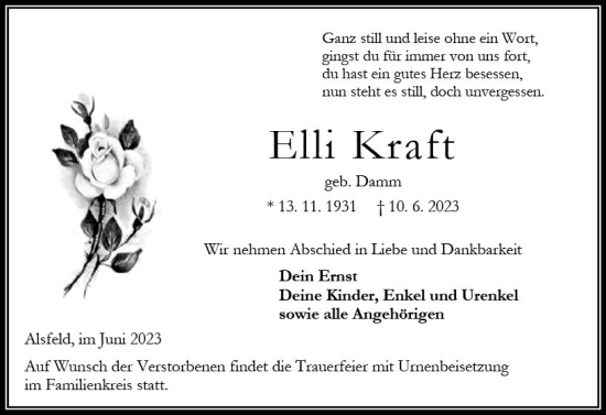 Traueranzeige von Elli Kraft von Oberhessen Kurier